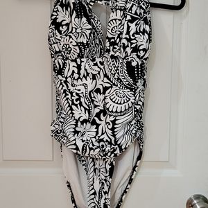 Black & white halter one-piece swimsuit